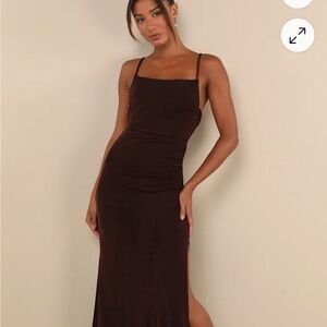 Complete Catch Brown Backless Lace Ruched Maxi Dress